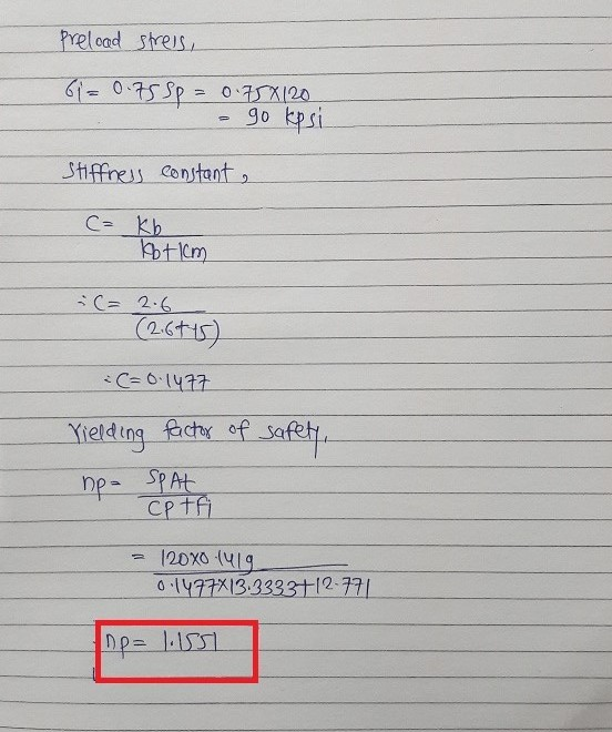 Preload stress, 61=0.75 Sp = 0.75X120 go kpsi Stiffness constant, C= kb Kot km C= 2.6 (2.6+15) C=0.1477 Yielding factor of sa