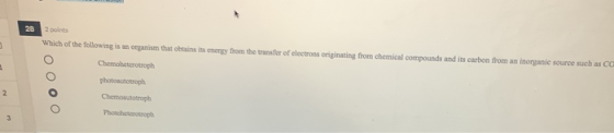 28 2 points Which of the following is an organism that obtains its energy from the transfer of electrons originating from che