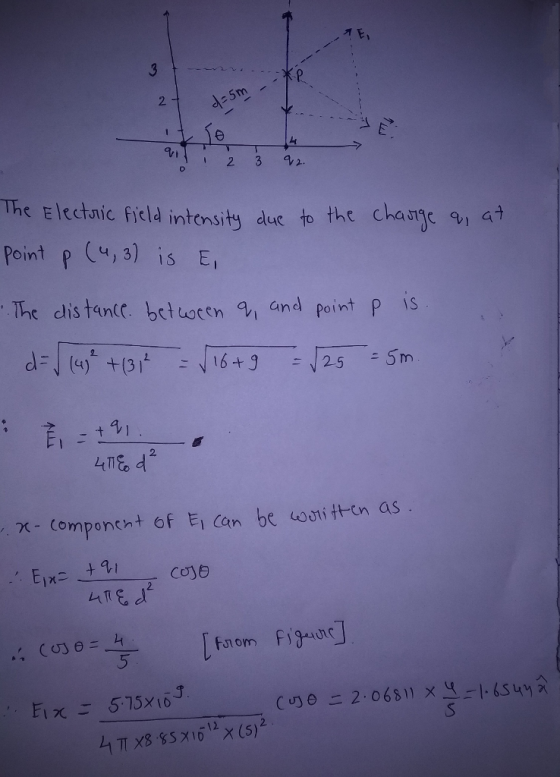 オE, 2 The Elect ліс field intensity due to the change Point p (4,3) is El at The dis tantc. betuoren , and point P is K- Compontht of E con be oi fon as 2. It TTX8 85%1012X (5)2