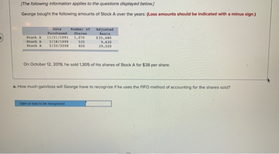 (The following information applies to the questions displayed below.) George bought the following amounts of Stock A over the