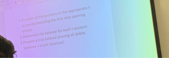 1. Transfer all transactions to the appropriate t- accounts (including the first nine opening entries 2. Determine the balanc