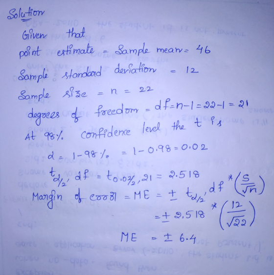 Solution 元 の 下 ZUOF , baseria Given that point estimate = Sample mean= 46 Sample standard deviation - 12 Sample size = n=22 d
