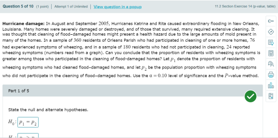 Question 5 of 10 (1 point) | Attempt 1 of Unlimited | View question in a popup 11.2 Section Exercise 14 (p-value, table) Hurr