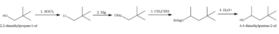 1. SOCI2 2. Mg 3. CH3CHO 4. H30+ но BrMgO но 2,2-dimethylpropan-1-ol 4.4-dimethylpentan-2-ol