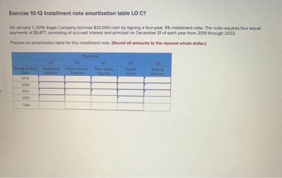 Exercise 10-12 Installment note amortization table LO C1 On January 1, 2019, Eagle Company borrows $32,000 cash by signinga f