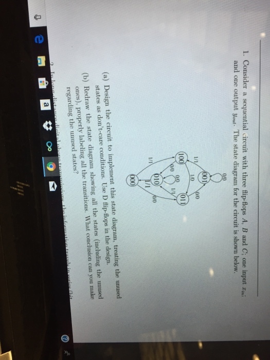 I. Consider a sequential circuit with three flip-flops A, B and C; one input Twi and one output yout. The state diagram for the circuit is shown below. /0 0 (a) Design the circuit to implement this state diagram, treating the unused states as dont-care conditions. Use D flip-flops in the design. edraw the state diagram showing all the states (including the unused ones), properly labeling all the transitions. What conclusion can you make regarding the unused states? (b) R e嬲自@ş o