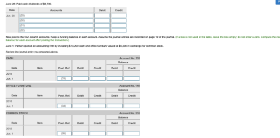 June 28: Paid cash dividends of $6,700. Date Accounts Debit Credit Jun. 28 (29) (30) (31) Now post to the four-colurn account