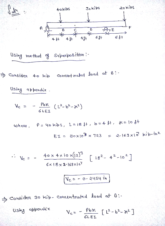 40 kills 30 kilos 20 kibs 4 ft 4ft 44+ 6ft . 6ft Using method of superposition ! - consider 40 kip concentrated load at Bi- U