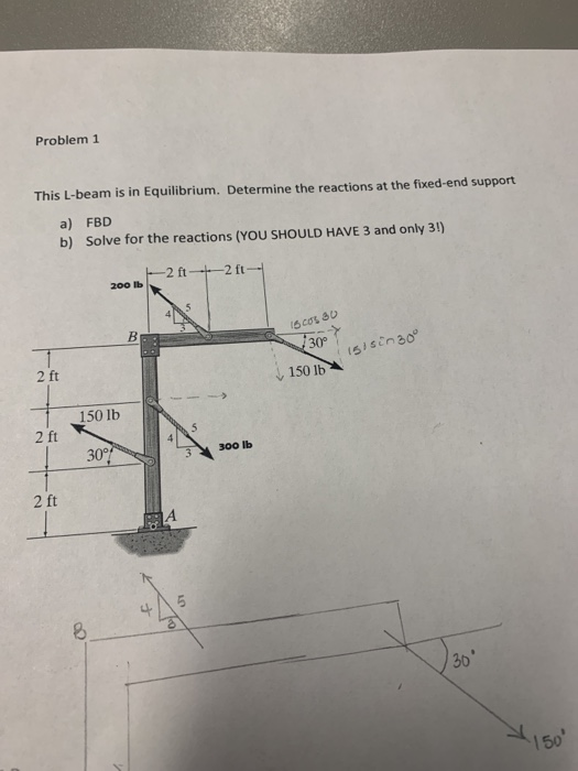 Problem 1 This L-beam is in Equilibrium. Determine the reactions at the fixed-end support a) FBD b) Solve for the reactions (