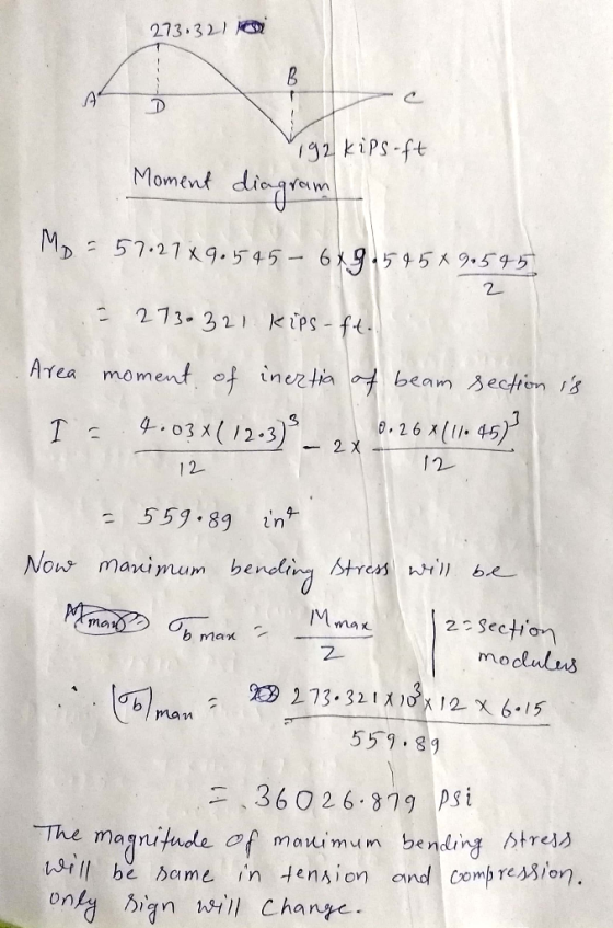 273.32- 10 192kips-ft Moment diagram Mp=57.27x9.545 - 6x9.595x9.545 - 2 X = 273-321 kips-fite Area moment of inertia of beam