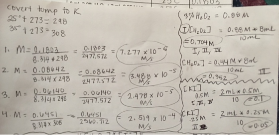 Torta Covert tomp to K 25° + 273-298 35 +273=308 l M=01903 - 0.1803 13 U1863 (3% H₂O2 = 0.98M ( [H₂O2 ] = 0.88 M * 8ml 50.704