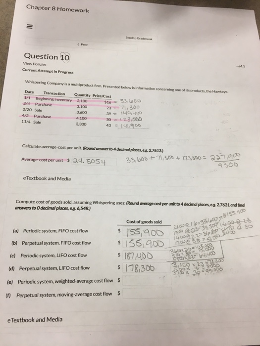 Chapter 8 Homework Question 10 View Policies Current Attempt in Progress Whispering Company is a multiproduct form. Presented