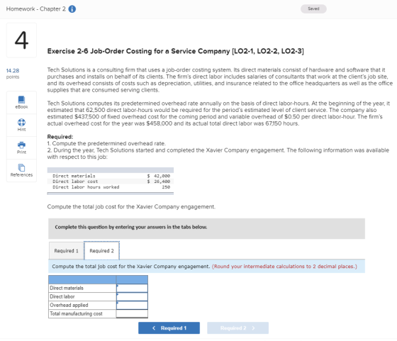 Homework Chapter 2 G Saved 4 Exercise 2 6 Job Order Costing For A 