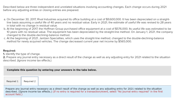 Described below are three independent and unrelated situations involving accounting changes. Each change occurs during 2021 b