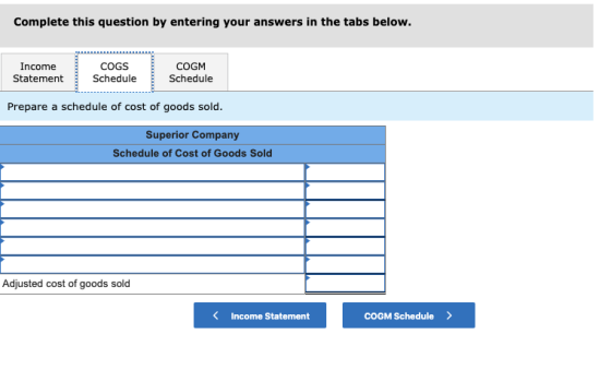 Complete this question by entering your answers in the tabs below. Income Statement COGS Schedule COGM Schedule Prepare a sch