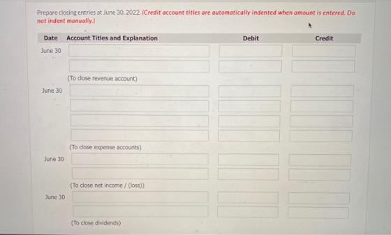 Prepare closing entries at June 30, 2022. (Credit account titles are automatically indented when amount is entered. Do not in