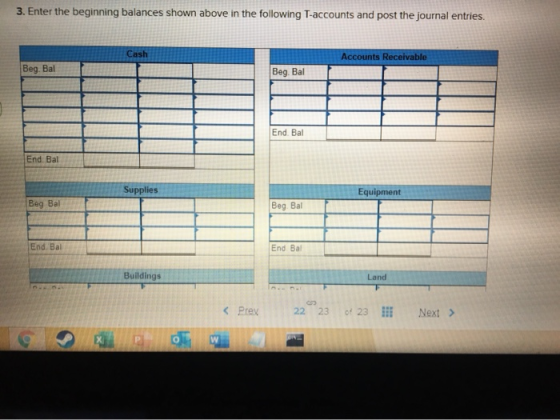 3. Enter the beginning balances shown above in the following T-accounts and post the journal entries. Cash Accounts Receivabl
