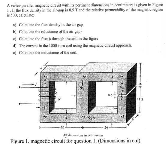 A series-parallel magnetic circuit with its pertinent dimensions in centimeters is given in Figure 1. If the flux density in