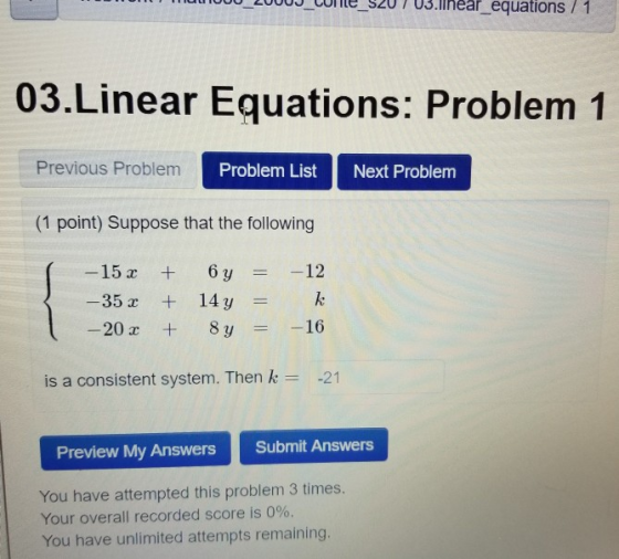 TOITU ITULIUUU_ZUUUJ_LUITE_9207 03.linear equations / 1 03.Linear Equations: Problem 1 Previous Problem Problem List Next Pro