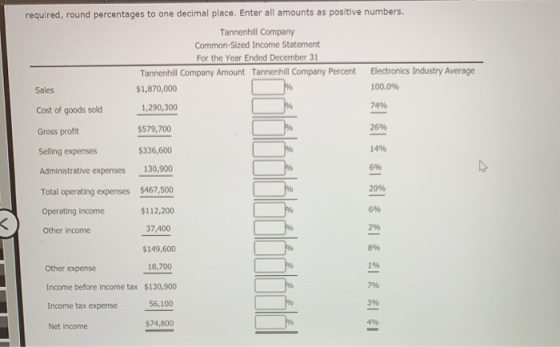 required, round percentages to one decimal place. Enter all amounts as positive numbers. Tannenhill Company Common-Sized Inco