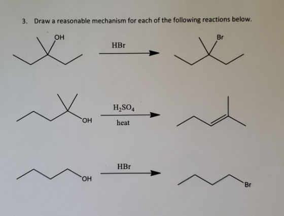 3. Draw a reasonable mechanism for each of the following reactions below. он HBr H,SO, он heat HBr ОН