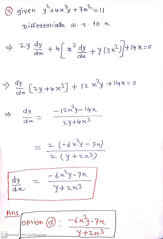 © given y?+48 % +7z= 11 Differentiate woe. to a + 2y ke + [ 23 de +9 (3 234 14.2=0 [2y +4.33] + 12 reſy +148=0 dy - 1220²7-1