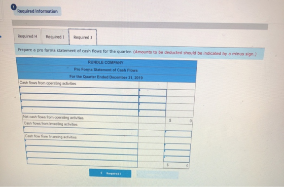 Required information Required H Required Required) Prepare a pro forma statement of cash flows for the quarter. (Amounts to b