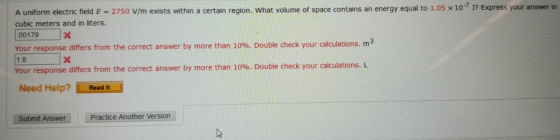 A uniform electric field E = 2750 V/m exists within a certain region. What volume of space contains an energy equal to 1.05 x
