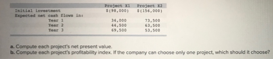 Project xi $(98,000) Project x2 $(156,000) Initial investment Expected net cash flows in: Year 1 Year 2 Year 3 34,000 44,500