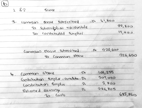 1 & 2 same Dr. 41,800 3. Comman a To To share subscribed Subscription recievable contributed surplus. 22,800 19.009 -p 226,60