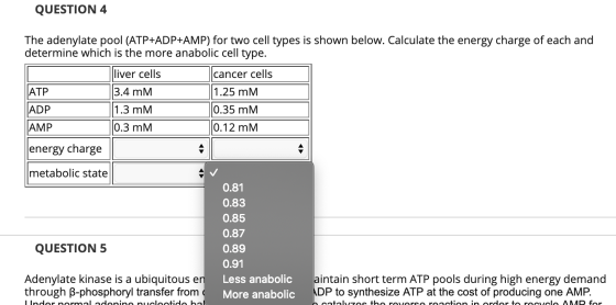 QUESTION 4 The adenylate pool (ATP+ADP+AMP) for two cell types is shown below. Calculate the energy charge of each and determ