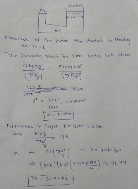 Boy Diameter of the pistoh tte student s tondirnq on is = Tre presure must be Same Undee both pisforr 63 kg X%, 1400 kg - d 2 2 Tn u/ 2. Diffexence in height 30em 3 m rgん ? = 800kg 1m2 0003647 千 M36.4k