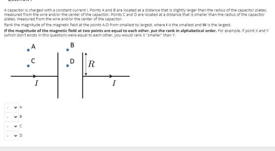 A capacitor is charged with a constant current I. Points A and B are located at a distance that is slightly larger than the r