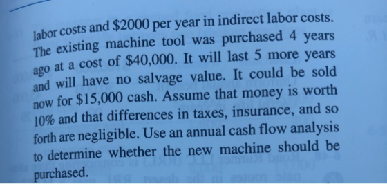 labor costs and $2000 per year in indirect labor costs. The existing machine tool was purchased 4 years ago at a cost of $40,