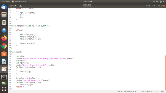 Activities Text Editor Open white < LEMZ) Fri 11:50 main.cpp Downloads Save = 20 54 A[k] = right[j]; j++; k++; 58} 59 60 void