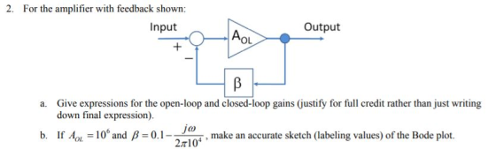 2. For the amplifier with feedback shown: Output Input OL Give expressions for the open-loop and closed-loop gains (justify f
