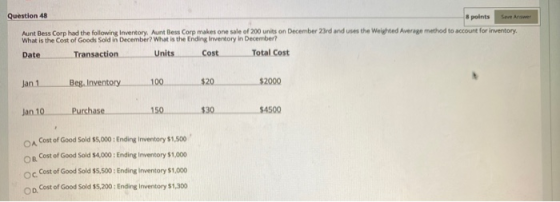 Question 48 8 points Aunt Bess Corp had the following Inventory Aunt Bess Corp makes one sale of 200 units on December 23rd a