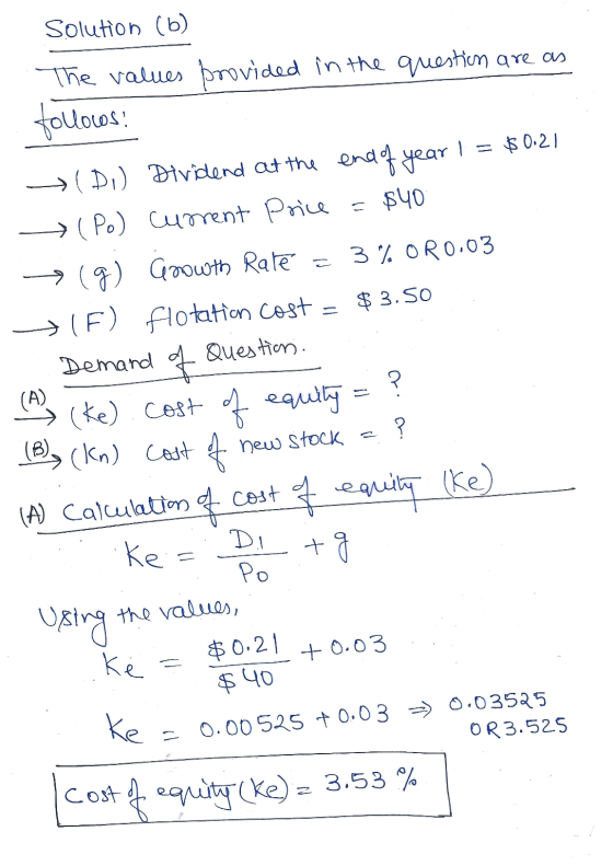 Solution (6) The values provided in the question are as follows: $0.21 → (D1) Dividend at the end of year (Po) Current Price