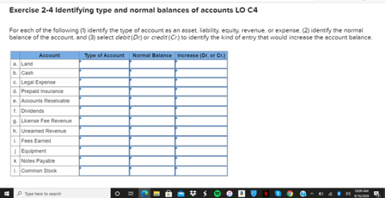 Exercise 2-4 Identifying type and normal balances of accounts LO C4 For each of the following (1) identify the type of accoun