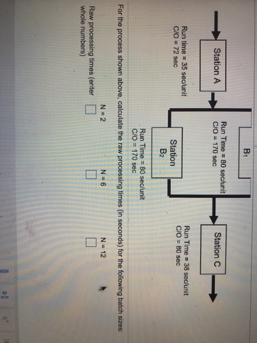 B1 Run Time = 80 sec/unit Station C Station ACo- /O = 170 sec Run time = 35 sec/unit CO = 72 sec Run Time 38 sec/unit CO 80 sec Station B2 Run Time = 80 sec/unit C/O 170 sec For the process shown above, calculate the raw processing times (in seconds) for the following batch sizes: N=2 N-6 N 12 Raw processing times (enter whole numbers)
