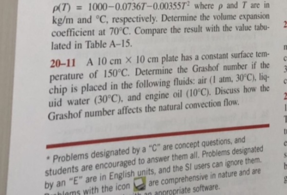 p(T) 1000-0.0736T-0.0035572 where p and T arein kg/m and °C, respectively. Determine the volume expansion coefficient at 70°C. Compare the result with the value tabu 2 lated in Table A-15 20-11 A 10 cm x 10 cm plate has a constant surface tem- perature of 150°C. Determine the Grashof number if the chip is placed in the following fluids: air (I atm, 30°C), lig uid water (30°C), and engine oil (10°C). Discuss how the Grashof number affects the natural convection flow Problems designated by a C are concept questions, and students are encouraged to answer them all. Problems designated y an E are in English units, and the Sl users can ignore them hlems with the icon are comprehensive in nature and are han anpropriat