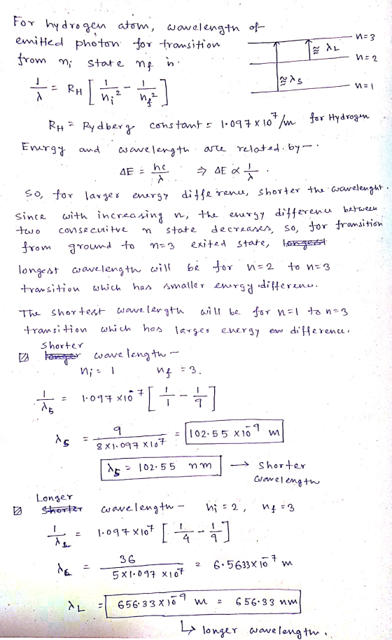 . For hydrogen atom, wavelength of emitted photon for transition - from mi state ng in AL - her hepatos - nel - RH [] RH ? Ry