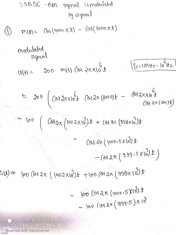 OSB SC - AM signeel is modulated by signal ml) = Cos (1000 Tot) – (09 (1000 t) 0 modulated Signal u(t) = 200 m(t) (or 22x100o