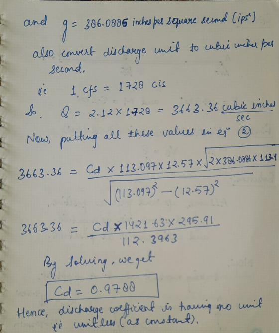 I and go 386.0886 inches per square seind lipse] also convert discharge unit to cabei wicher per secondo ee Jo Q = 2.12 x 172
