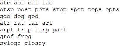 atc act cat tac otsp post pots stop spot tops opts gdo dog god atr rat tar art arpt trap tarp part grof frog sylogs qlossy
