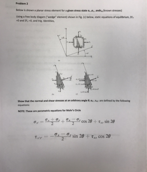 Problem 2 Below is shown a planar stress element for a given stress state o.. . and known stresses) Using a free body diagam