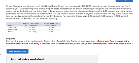 Singer Company has a line of credit with United Bank. Singer can borrow up to $496,000 at any time over the course of the Yea