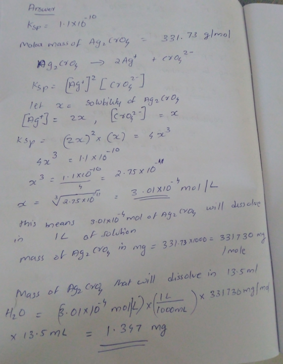 Answert -10 Ksp = 1.1816 Molar mass of Ag, Croy = 331.73 glmol Ag,cron 2Agt & coop²- kopa [Agi]²[cron ] let x= sowbility of A