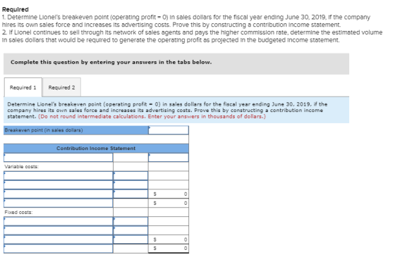 Required 1. Determine Lionels breakeven point (operating profit = 0) in sales dollars for the fiscal year ending June 30, 20