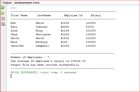 Output - JavaExamples (run) run: First Name Last Name Employee Id Salary Smith @1234 OS Johnson Ở. @1234 b Bob Katy Alex Chad